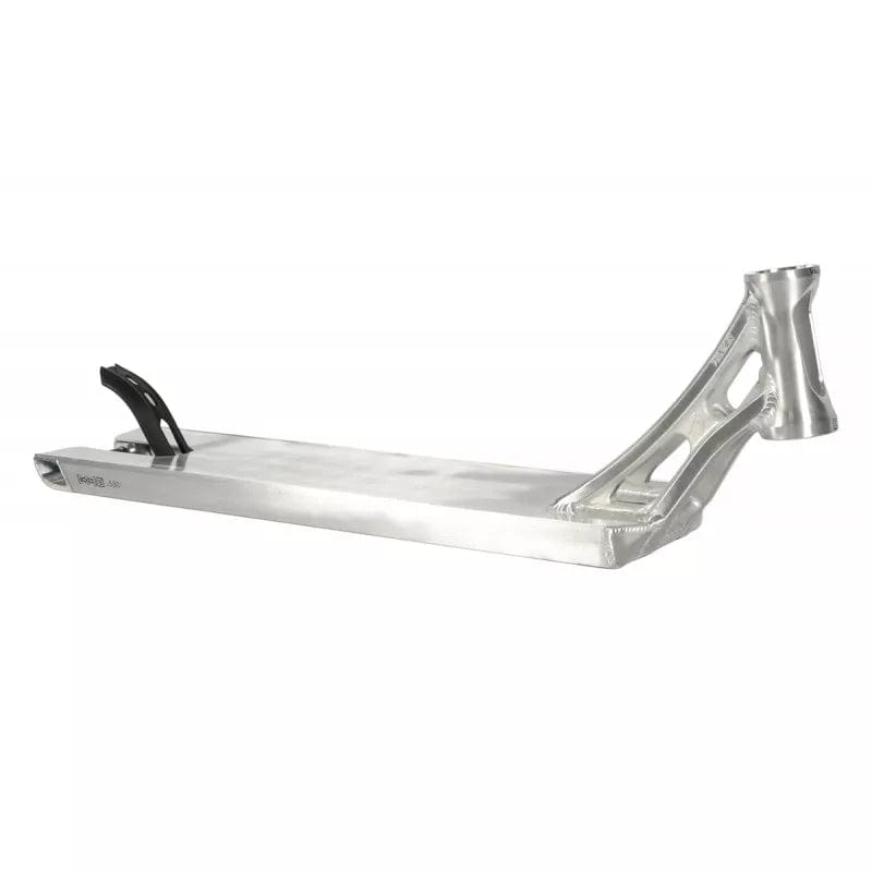 The Ethic DTC Vulcain V2 Boxed 12 STD Raw Silver stunt scooter deck, measuring 5.5" by 21.25", showcases a sleek silver metallic design with smooth surfaces and angled edges. It incorporates cut-out designs on the neck, set against a plain white background to highlight its sophisticated aesthetics alongside the advanced 12 STD bearing system.
