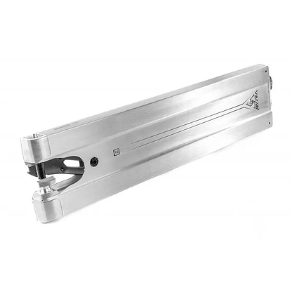 The Ethic DTC Vulcain V2 Boxed 12 STD Raw Silver Stunt Scooter Deck is a sleek aluminum deck, measuring 5.5" x 21.25", that showcases a modern design with clean lines, smooth surfaces, and visible mounting hardware. The brand's logo is subtly engraved on the side, and it offers compatibility with a 12 STD bearing system.