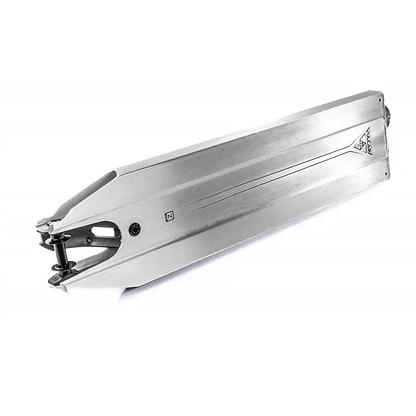 The Ethic Vulcain V2 12 STD Raw Silver Stunt Scooter Deck, measuring 5.5" x 21.25", is a prime example of superior design with its sleek aluminum construction. Featuring the innovative 12 STD bearing system, its smooth finish and tapered end emphasize modern minimalism while ensuring top-notch functionality and style.