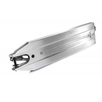 A stylish Ethic DTC Vulcain V2 12 STD Raw Silver Stunt Scooter Deck measuring 5.5" x 22.8", showcasing a minimalist aesthetic with sleek lines and a subtle logo near the edge. This adaptable deck features the 12 STD bearing system and is displayed horizontally against a simple white background.