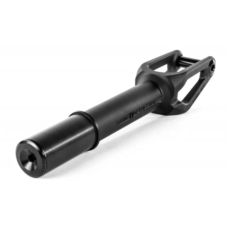 A close-up of the Ethic DTC Legion V2 IHC Stunt Scooter Forks in black by Ethic, designed for pro stunt scooters with 120mm wheel compatibility, displayed against a white background.