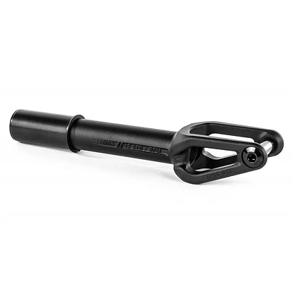 The Ethic DTC Legion V2 IHC Stunt Scooter Forks in black by Ethic feature a cylindrical tube and open, bolted fork end. Designed for 120mm wheels, these forks are displayed on a white background.