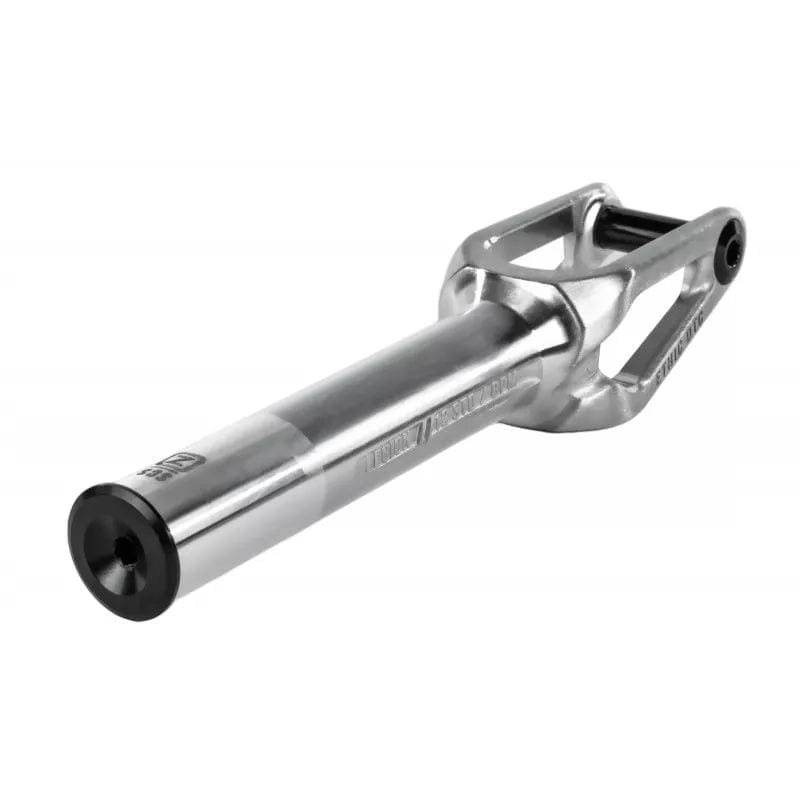 The Ethic DTC Legion V2 SCS Stunt Scooter Forks in Raw Silver feature a smooth, cylindrical design and fit wheels up to 120mm. Made by Ethic, they include an open-ended, two-pronged bracket for easy wheel mounting.