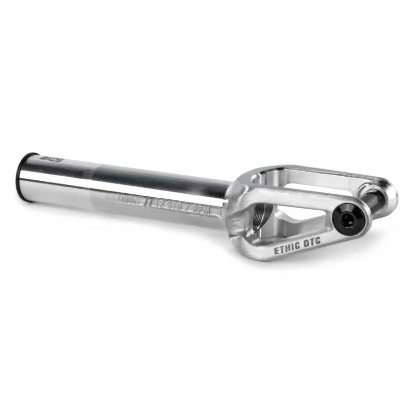 The Ethic DTC Legion V2 SCS stunt scooter fork in raw silver features a cylindrical tube, open-ended 120mm design, and "ETHIC DTC" engraving on the side, shown on a white background.