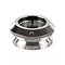 Close-up of a metallic scooter headset bearing, labeled "ETHIC," featuring a glossy chrome black finish against a white background. This Ethic DTC Oracle Integrated Stunt Scooter Headset incorporates an enhanced compression ring to minimize friction, ensuring top performance under diverse conditions.