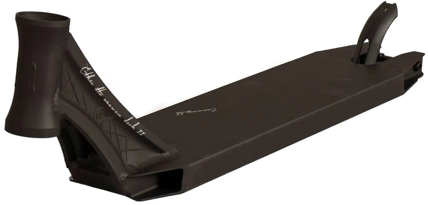 The Ethic DTC Erawan V2 Black Stunt Scooter Deck features a robust, angular design with detailed welding on its black metal frame.