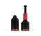 Two Ethic DTC Aluminium Stunt Scooter Pegs in black with red accents are displayed, with one open to expose an inner red component. Made from 7075 T6 aluminium, they have a resemblance to carbon dioxide (CO2) inflators for bicycle tires. Both stand upright against a white background, reflecting the precision of Ethic's design.