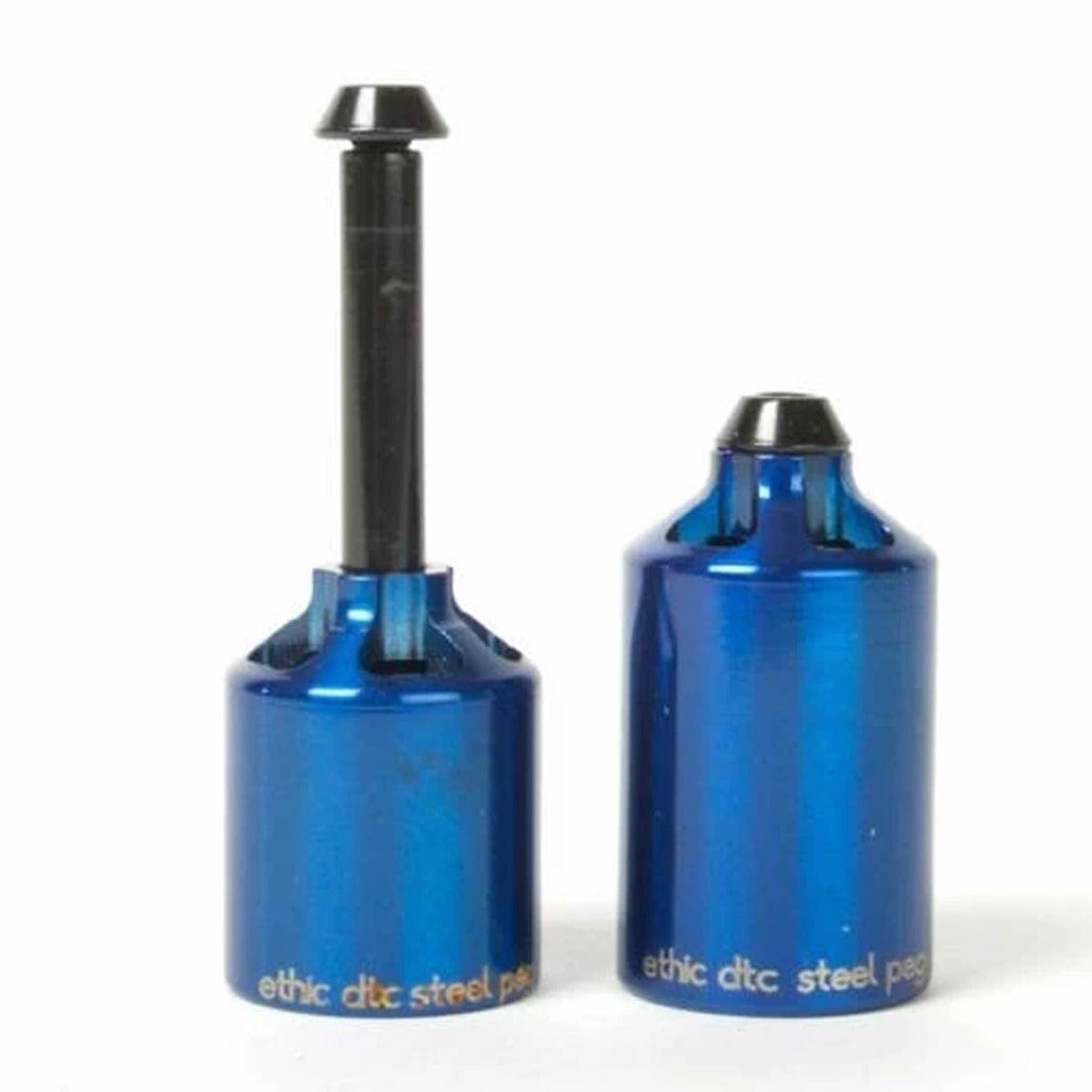 A pair of Ethic DTC Steel Stunt Scooter Pegs - Blue, ideal for street riding, includes one peg with a bolt for easy installation. Each peg displays the text "ethic dtc steel pegs" at the bottom.