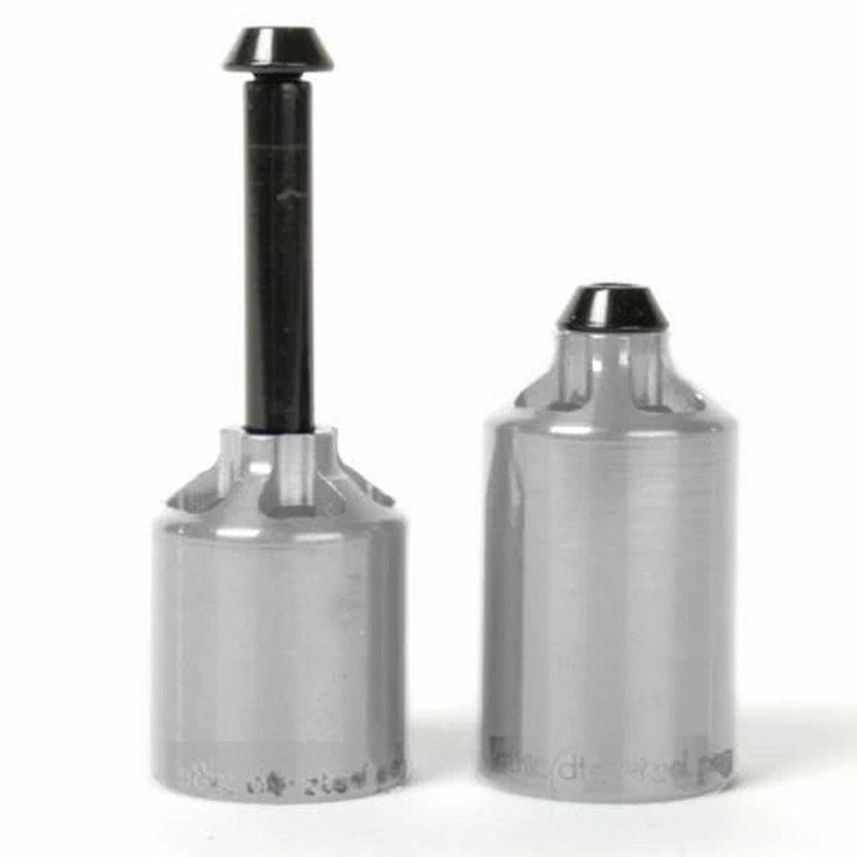 Two polished silver chromoly steel die sets designed for leathercraft or similar handiwork. One set stands upright with a black pin extending from the top, while the other is fully enclosed. Both have shiny, smooth surfaces, reminiscent of Ethic DTC Steel Stunt Scooter Pegs in polished silver, adding an adventurous flair to your craft.