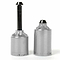 Two polished silver chromoly steel die sets designed for leathercraft or similar handiwork. One set stands upright with a black pin extending from the top, while the other is fully enclosed. Both have shiny, smooth surfaces, reminiscent of Ethic DTC Steel Stunt Scooter Pegs in polished silver, adding an adventurous flair to your craft.