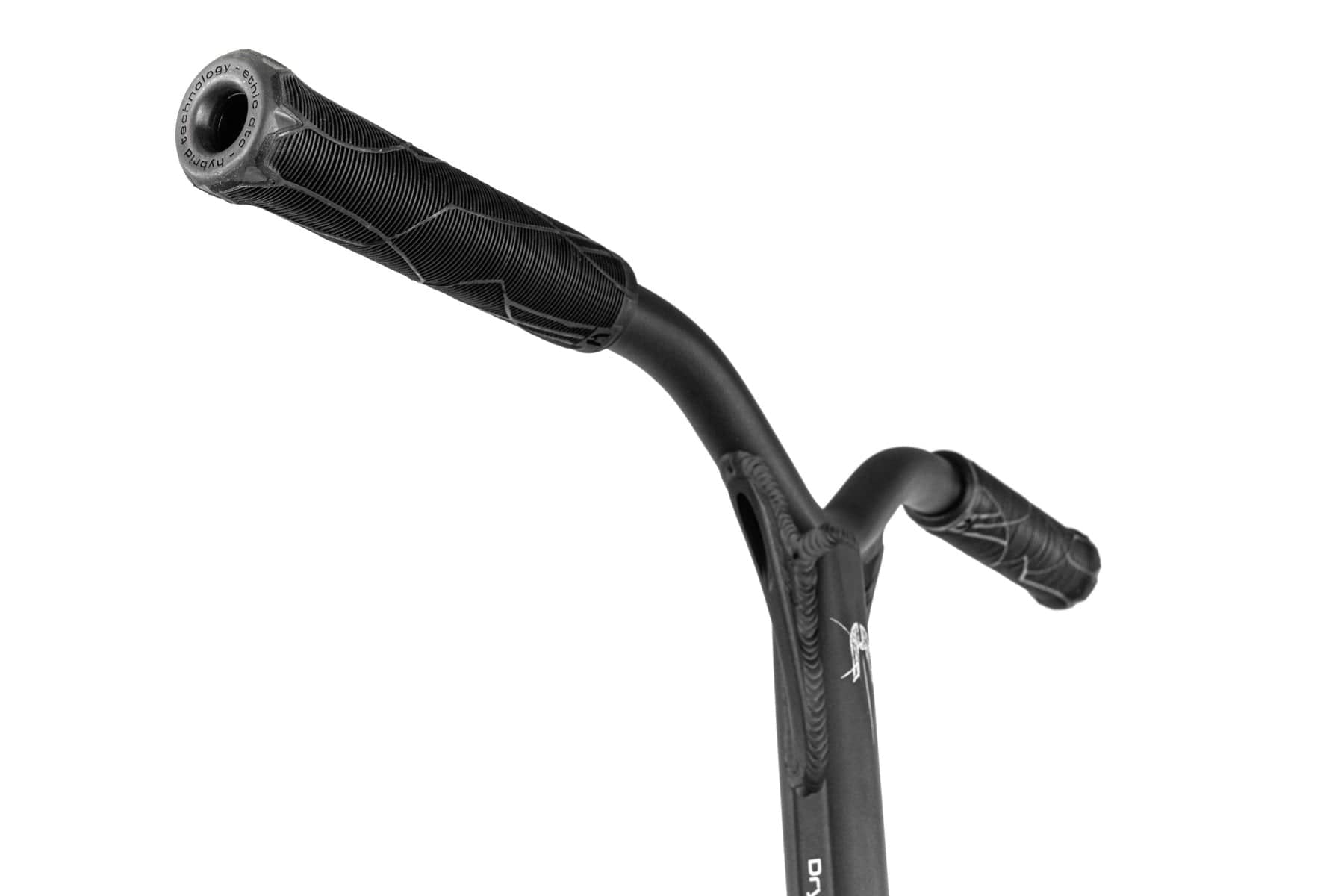 Close-up of black bicycle handlebars with patterned grips. Reminiscent of the sleek design seen in the Ethic DTC Erawan V2 Complete Stunt Scooter (M) - Neochrome, these handlebars curve slightly upward, exuding a modern aesthetic against a white background.