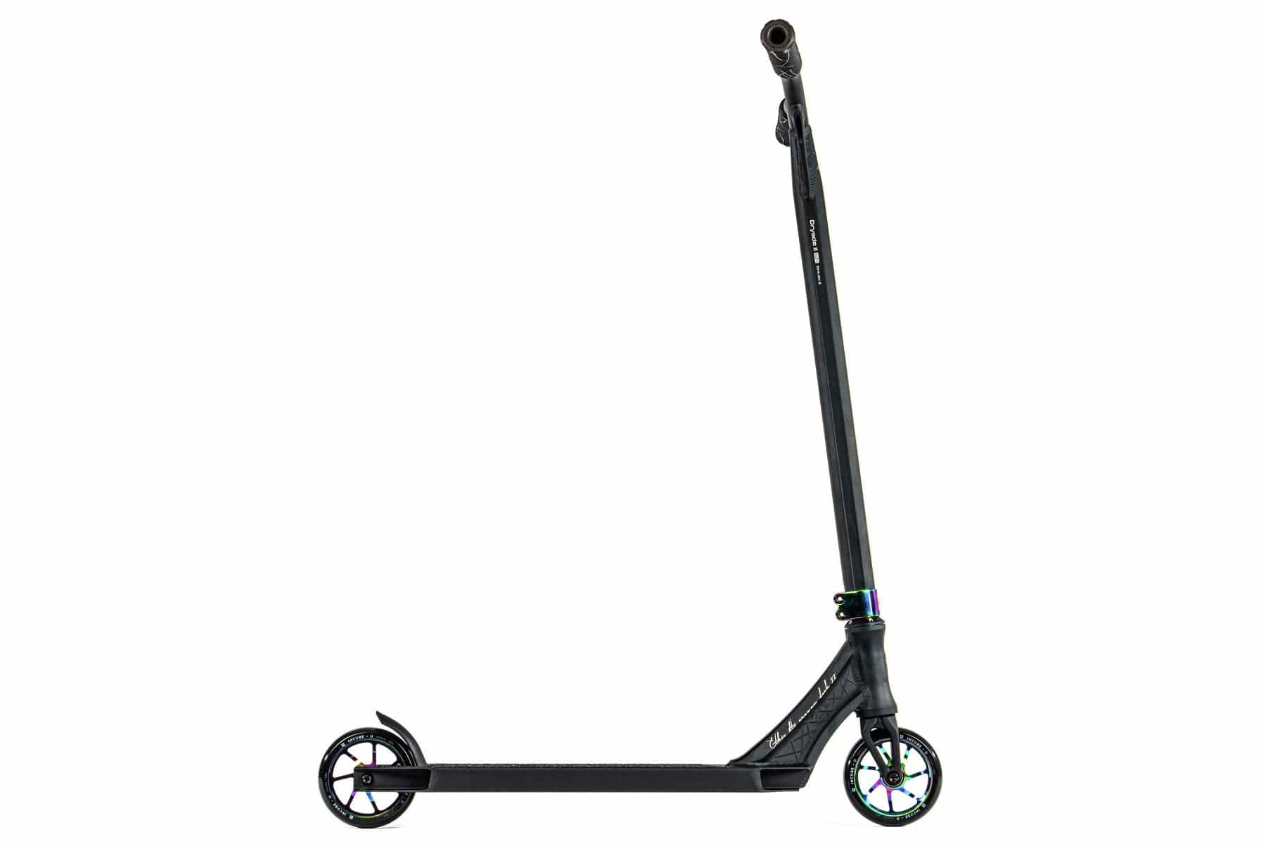 Introducing the Ethic DTC Erawan V2 Complete Stunt Scooter (M) - Neochrome, a modern two-wheeled scooter designed for high-level performance with premium Ethic components. It boasts a robust deck and tall handlebar, along with IHC compression for added stability. The vivid neochrome hub on the front wheel adds a touch of color to its sleek design, perfectly captured against a simple white background.