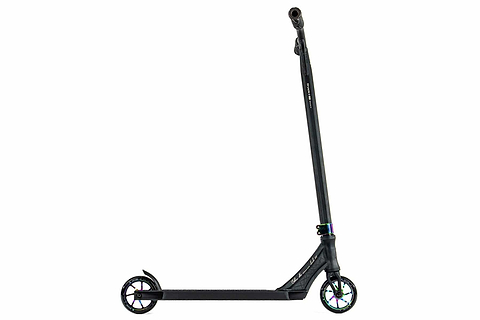 Introducing the Ethic DTC Erawan V2 Complete Stunt Scooter (M) - Neochrome, a modern two-wheeled scooter designed for high-level performance with premium Ethic components. It boasts a robust deck and tall handlebar, along with IHC compression for added stability. The vivid neochrome hub on the front wheel adds a touch of color to its sleek design, perfectly captured against a simple white background.