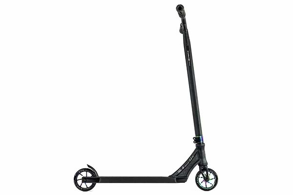 The Ethic DTC Erawan V2 Complete Stunt Scooter (S) - Neochrome is a sleek black scooter designed for stunts, featuring a lightweight slim deck, two small wheels, and a tall handlebar. It includes IHC compression for smooth performance and showcases an understated iridescent finish on the front wheel that adds a touch of color to its monochrome look.