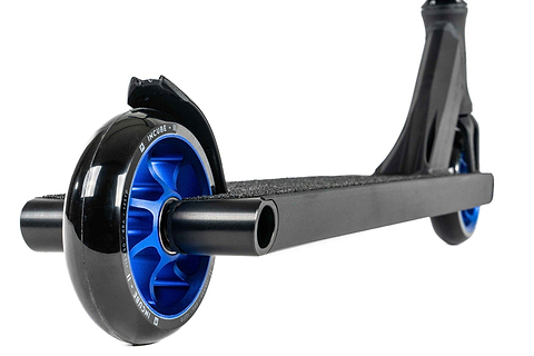 Close-up of the Ethic DTC Pandora Complete Stunt Scooter bottom. This scooter showcases a matte black deck paired with black wheels featuring blue inner hubs, and is further enhanced by its robust chromoly steel T-bar. The image captures the front wheel and deck at an angle, emphasizing its sleek, street-oriented design.
