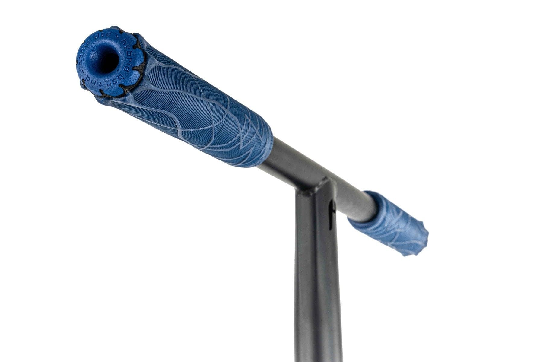 Close-up of the Ethic DTC Pandora Complete Stunt Scooter (M) - Blue's handlebar, highlighting its blue grips with a textured design. This street-oriented Ethic scooter boasts a sleek metallic finish and features a robust chromoly steel T-bar for enhanced durability.