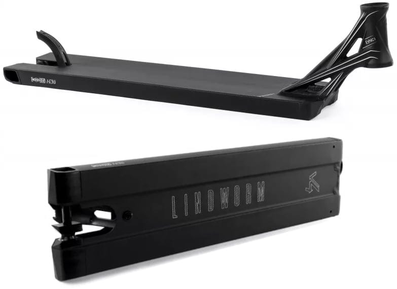 Two perspectives of the Ethic DTC Lindworm V4 Black Stunt Scooter Deck reveal its impressive features: the top view highlights its sleek design with a curved rear section, ideal for street riders, while the underside showcases the "LINDWORM V4" branding.