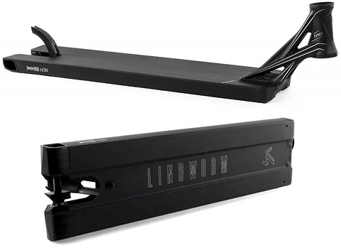 Two perspectives of the Ethic DTC Lindworm V4 Black Stunt Scooter Deck reveal its impressive features: the top view highlights its sleek design with a curved rear section, ideal for street riders, while the underside showcases the "LINDWORM V4" branding.