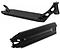 The Ethic DTC Vulcain V2 12 STD Black Stunt Scooter Deck, sized at 5.5" x 21.25", is shown from two perspectives: the top view features a smooth, flat surface with a supporting neck, and the bottom view highlights a sleek, angular design with a peg cut rear end and subtle graphics. It includes a 12 STD bearing system for enhanced performance.