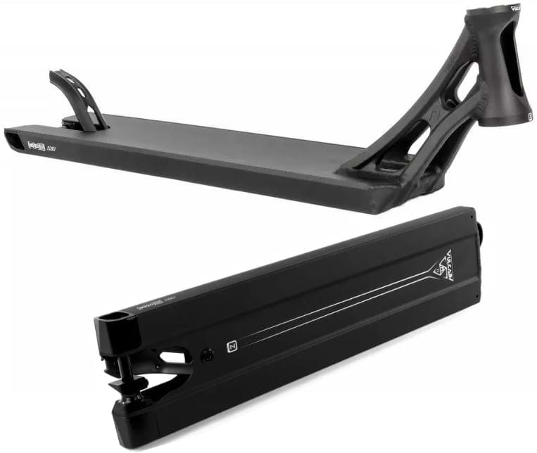 The Ethic DTC Vulcain V2 Boxed 12 STD Black Stunt Scooter Deck, measuring 5.5" x 22.8", is depicted from two angles: one from above showcasing its flat top and another from the side highlighting its design, featuring eye-catching graphics and a 12 STD bearing system.