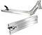 Two silver stunt scooter decks are displayed. The top deck is an Ethic DTC Vulcain V2 Boxed 12 STD Raw Silver Stunt Scooter Deck, showcasing a cutout for a brake attachment. The bottom one reveals its underside and headtube, featuring a sleek metallic finish and geometric cutouts for a lightweight design with the 12 STD bearing system.