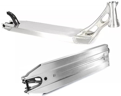 The Ethic DTC Vulcain V2 12 STD Raw Silver Stunt Scooter Deck, measuring 5.5" x 21.25", showcases a sleek silver design with geometric cut-out patterns near the handlebar area. This adaptable deck features a smooth surface and an elevated rear for added support, while the bottom is intricately engraved and equipped with a 12 STD bearing system for enhanced style and grip.