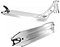 The Ethic DTC Vulcain V2 12 STD Raw Silver Stunt Scooter Deck from Ethic features a sleek silver finish with a minimalist aesthetic. It is designed with a flat top surface, open side cutouts to reduce weight, and a reinforced headtube. The deck offers versatile angles and includes the 12 STD bearing system, which can be observed from both side and top perspectives.