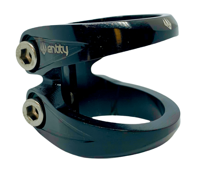 The Entity Exile 2 Bolt Oversized Stunt Scooter Clamp in black, with its two silver bolts, is designed to firmly secure a scooter handlebar or seat post. It showcases a sleek, modern design with a glossy finish, providing both durability and a lightweight feel for riders aiming for top performance.