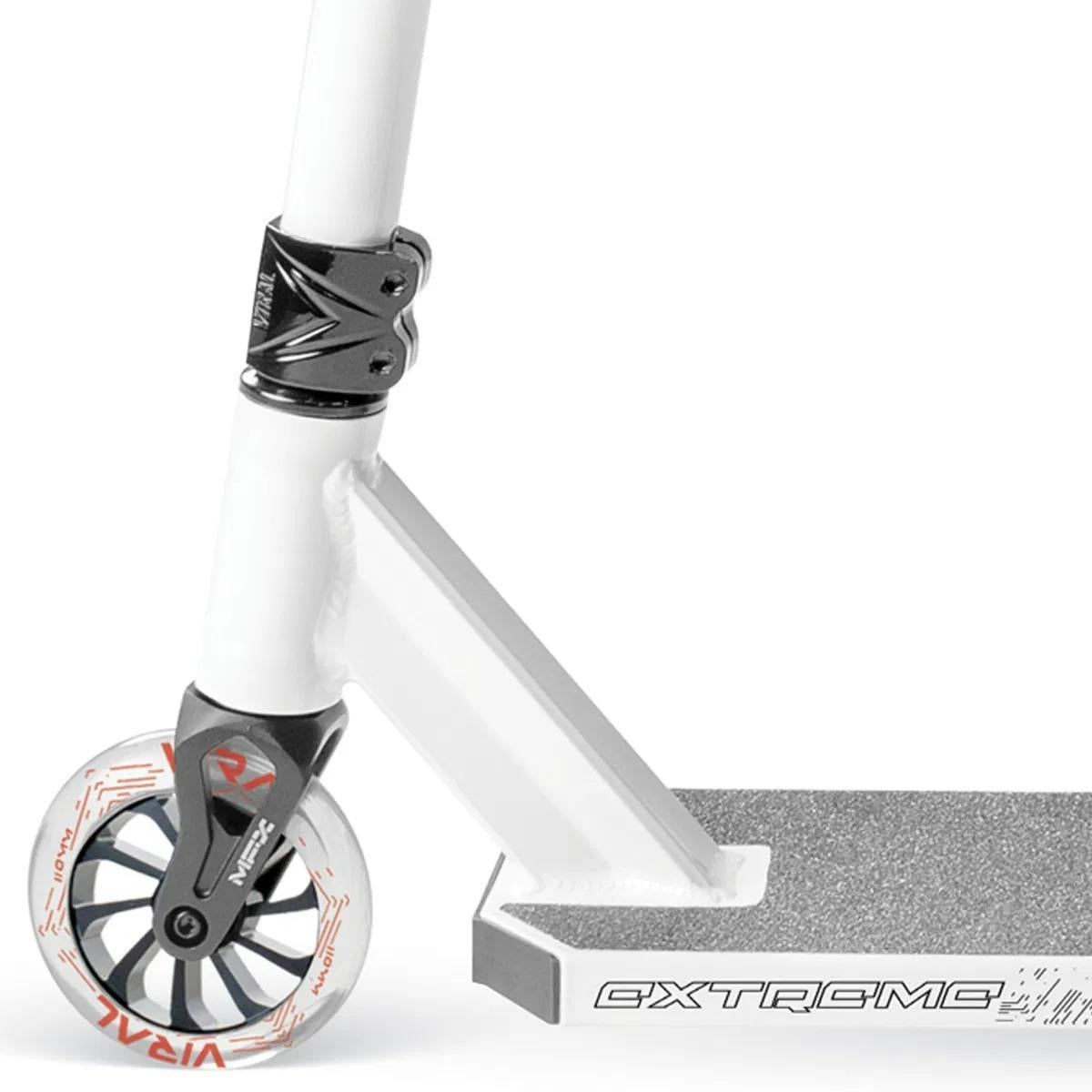 Close-up of the Madd Gear Viral Extreme clamp and front wheel.