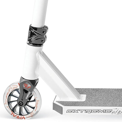 Close-up of the Madd Gear Viral Extreme clamp and front wheel.