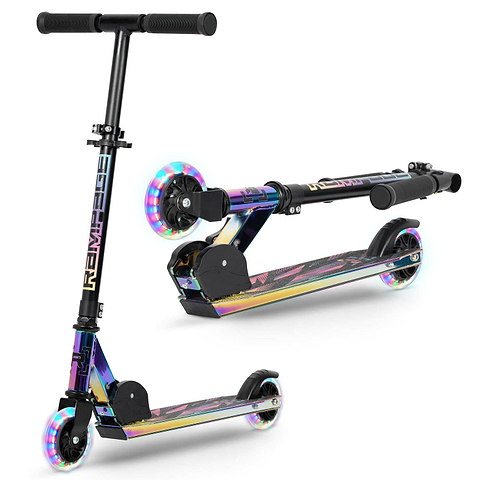 The Rampage Light Up Foldable Kick Scooter - Neochrome / Black by Rampage features LED wheels, adjustable bars, and a metallic rainbow finish, shown upright and folded on a white background.