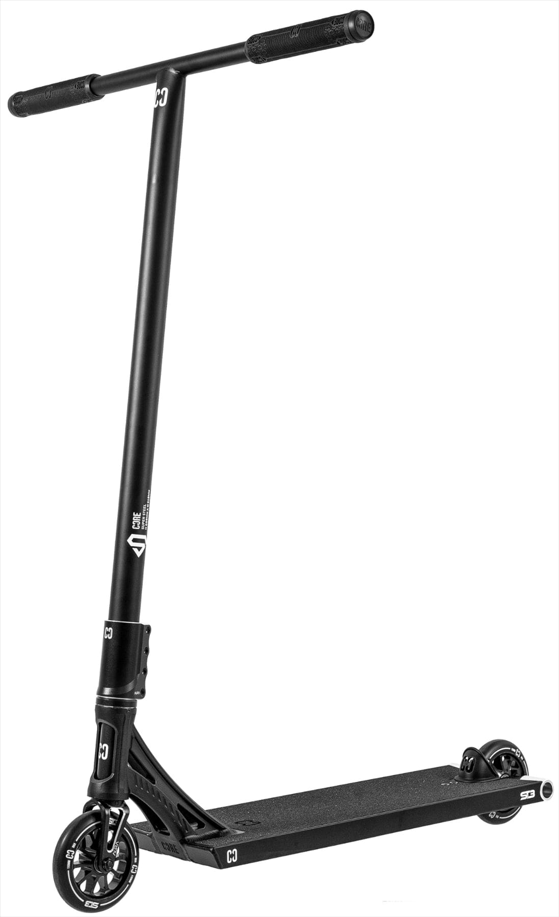The CORE ST3 Complete Stunt Scooter by CORE is shown in black with a straight T-bar handle, pro-grade components, two small wheels, and a textured deck on a white background.