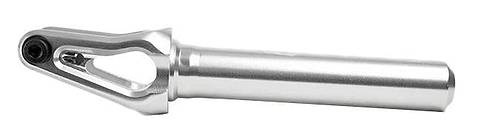 Introducing the Supremacy Spartan SCS/HIC Stunt Scooter Forks in Chrome by Supremacy, featuring a silver metal tool design with a cylindrical handle and an open-ended loop at the tip. Crafted from CNC milled aluminum, this sleek item resembles a bottle opener or specialized instrument component and is enhanced by its anodized finish.
