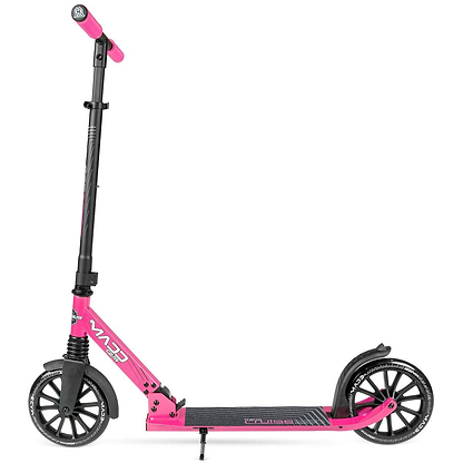 The Madd Gear Metro Cruise 250 Foldable Commuter Scooter by MGP features a black deck, pink handlebars, large wheels, an adjustable handlebar, and a kickstand. Shown in black and pink colors on a white background.