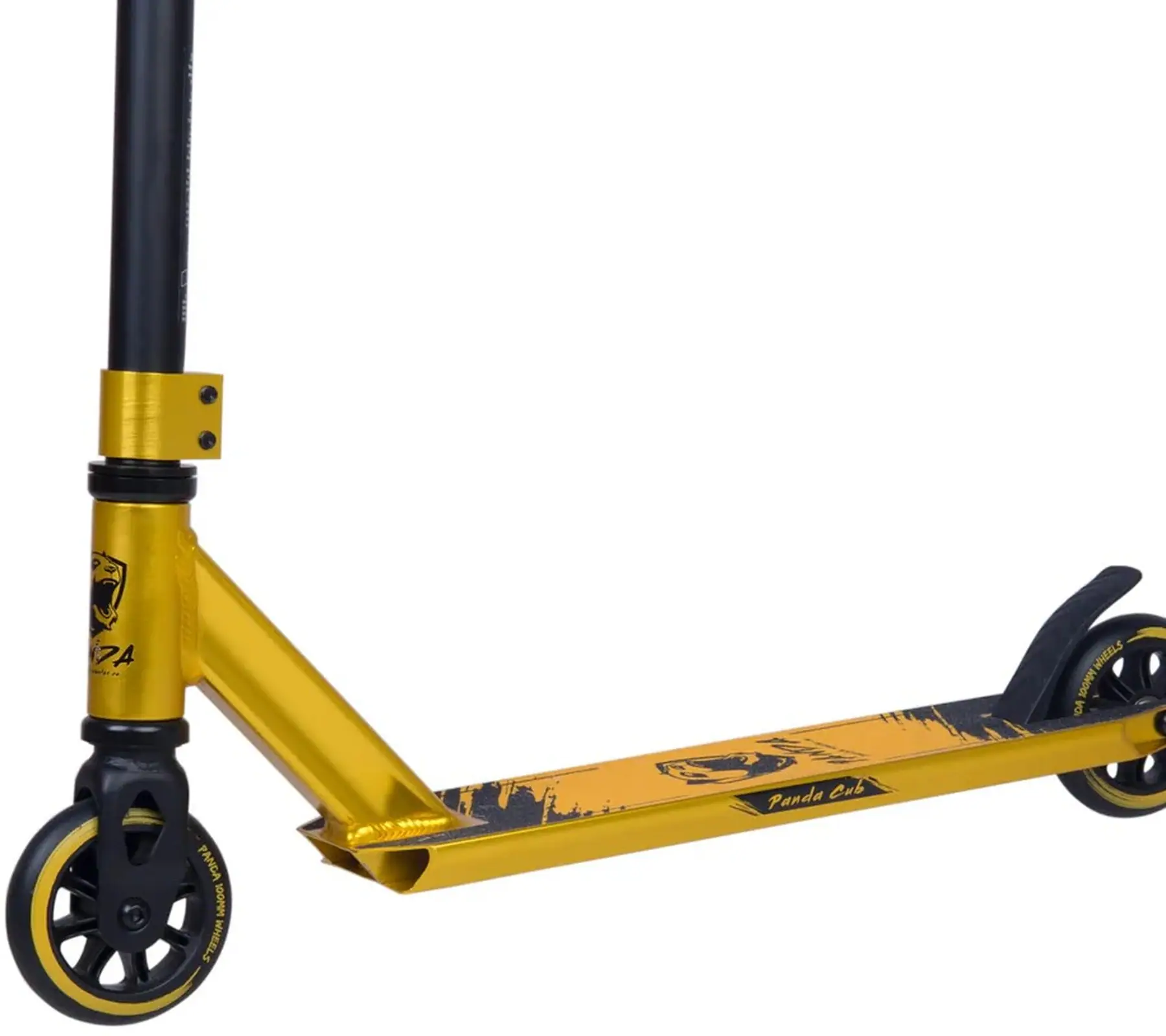 Close-up of the lower part of the Panda Cub Complete Stunt Scooter by Panda, featuring a gold deck with black grip tape and wheels—stylish "Fenda Cut" graphic adds fun flair, perfect for junior riders seeking excitement.