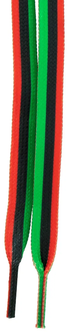 Two Criss Cross X Derby Laces Quad Roller Skate Laces by Criss Cross, one red with a black stripe and the other green with a black stripe, are arranged vertically on a white background. The durable laces have visible texture.