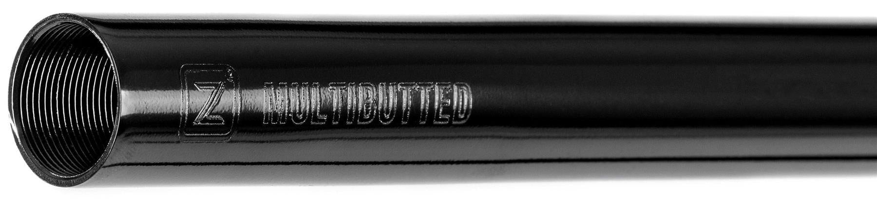 Close-up of the Ethic DTC Tenacity V2 Steel Oversized HIC Stunt Scooter T-Bars in Black Mirror (620mm x 600mm), showing inner threading and "MULTIBUTTED" engraving on the black metal tube.