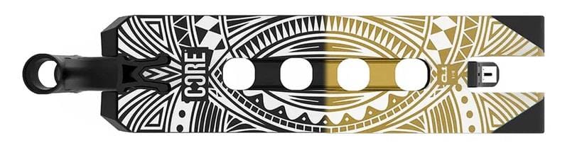 The CORE CL1 Black / Gold Split LE Stunt Scooter Deck by CORE showcases a black and gold finish with intricate geometric patterns of circles and triangles. Ideal for park-oriented rides, it prominently displays the "CORE" brand name in bold.