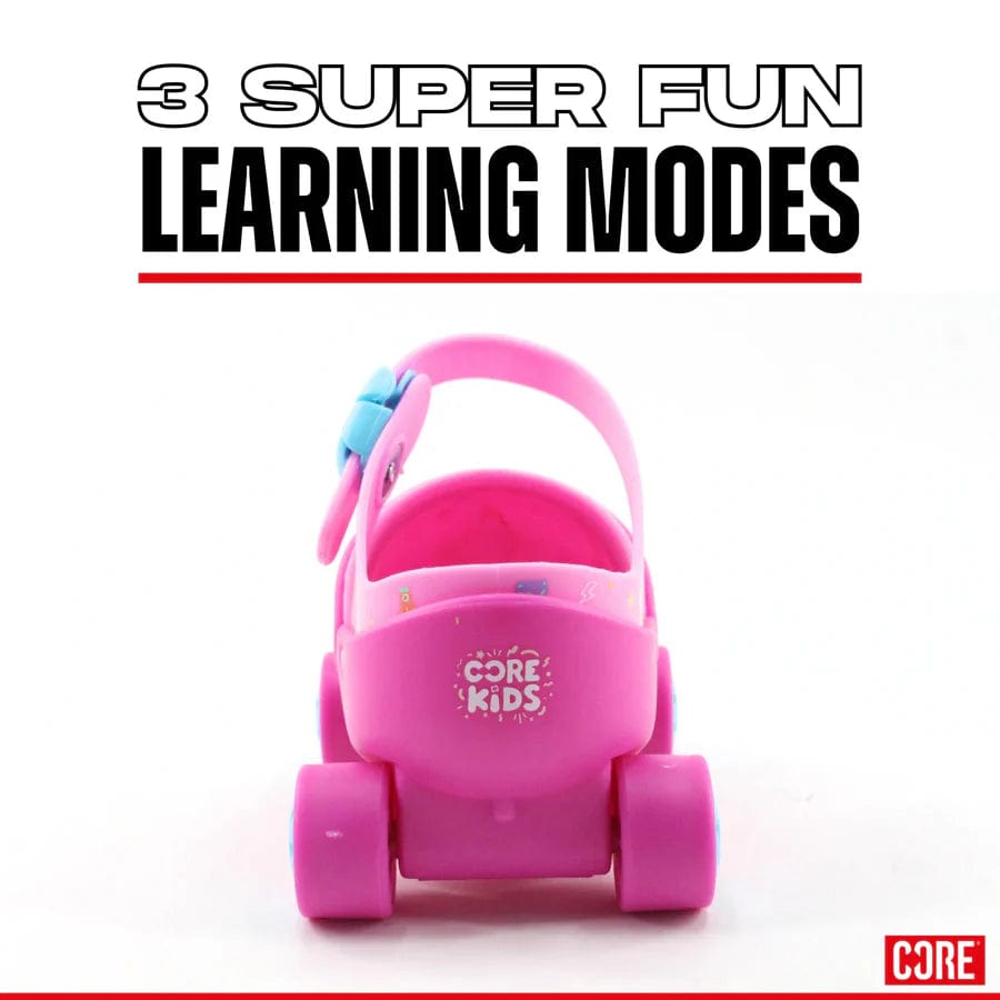 The rear view displays the pink adjustable learner skates from CORE Kids' Stomp & Roll collection, featuring blue accents and purple wheels. Above, text reads "3 Super Fun Learner Modes," with the recognizable CORE logo from their popular line.