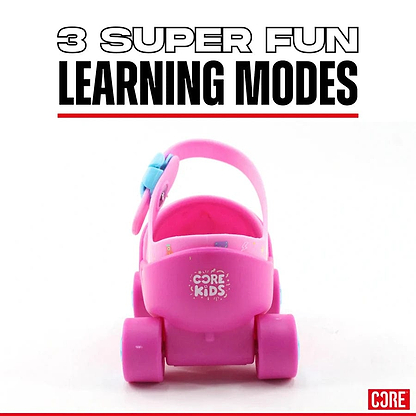 The rear view displays the pink adjustable learner skates from CORE Kids' Stomp & Roll collection, featuring blue accents and purple wheels. Above, text reads "3 Super Fun Learner Modes," with the recognizable CORE logo from their popular line.