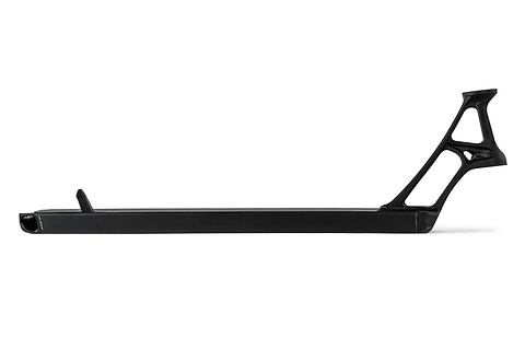 Introducing the Ethic DTC Pandemonium V2 Boxed Black Stunt Scooter Deck - 5.5" x 22.8", featuring an integrated neck and ultra-lightweight cutout design. This sleek and minimalistic deck has smooth edges and a matte finish, blending functionality with a modern aesthetic for an unparalleled riding experience.
