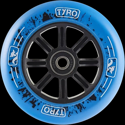 The Longway Tyro 100mm Nylon Core Scooter Wheel - Blue features black spokes, splatter patterns, "TYRO" text, and white animal graphics on the rim. This stylish Longway wheel combines a durable nylon core for smooth rides.