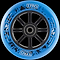 The Longway Tyro 100mm Nylon Core Scooter Wheel - Blue features black spokes, splatter patterns, "TYRO" text, and white animal graphics on the rim. This stylish Longway wheel combines a durable nylon core for smooth rides.