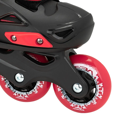 Close-up of the Seba STJ Junior Adjustable Inline Skates in black and red, featuring two red wheels with white designs and part of the boot—ideal for kids or beginner skaters.