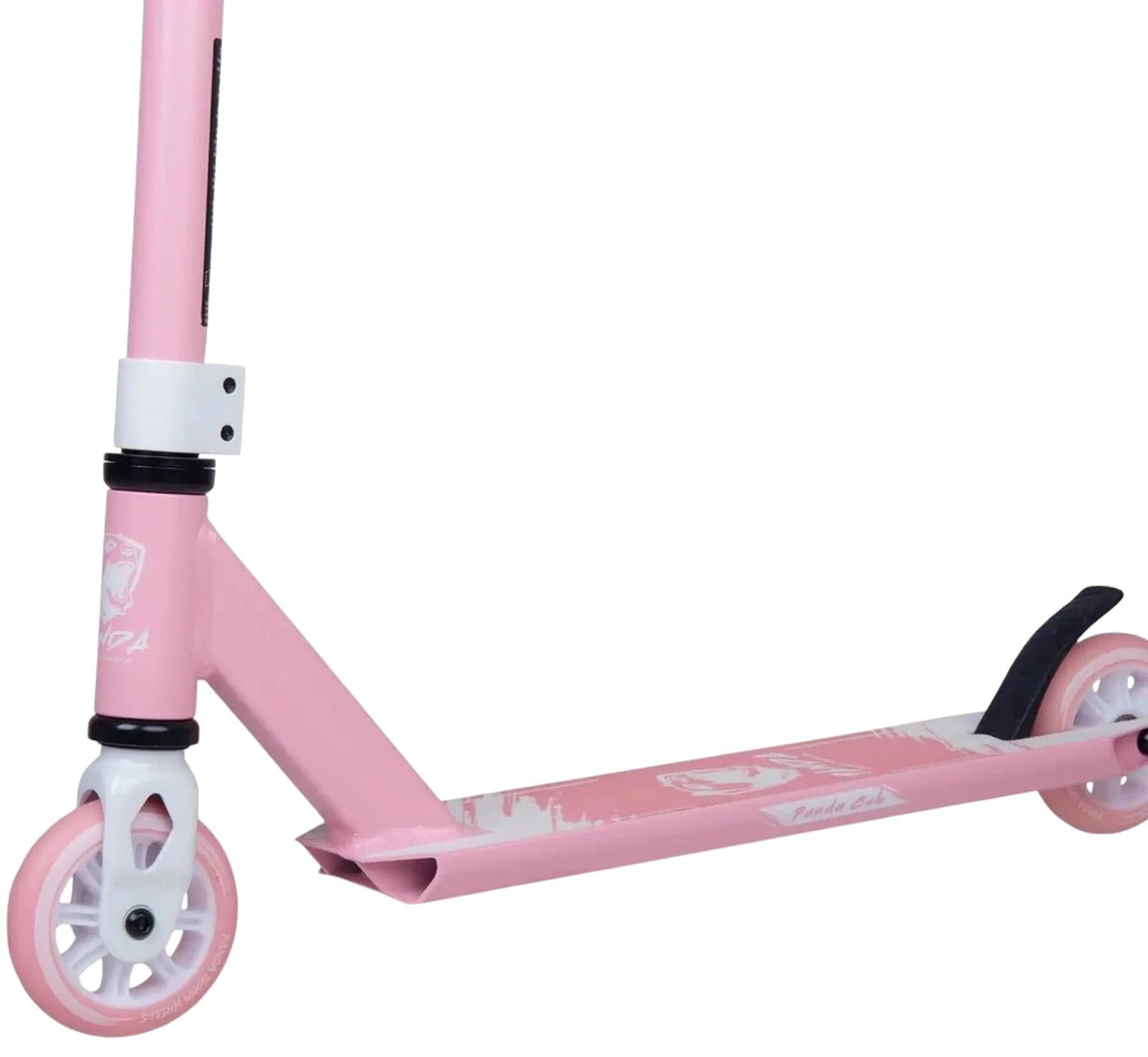The Panda Cub Complete Stunt Scooter - Pink by Panda features two small wheels, a black rear foot brake, and deck graphics—ideal for young riders with its stylish pink color and white accents.