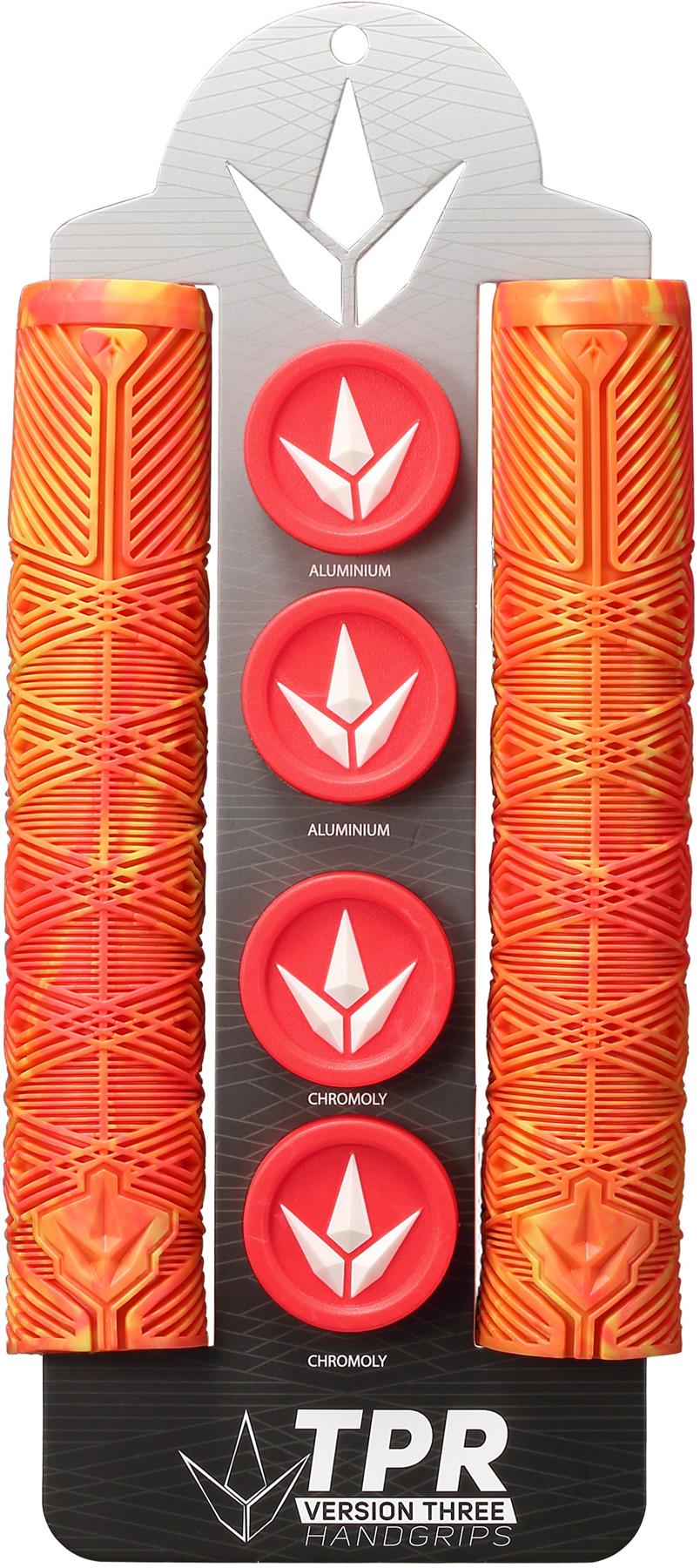 Two orange and red Blunt Envy V3 Stunt Scooter Grips (160mm) are displayed with four red end caps labeled “Aluminum” and “Chromoly.” The packaging reads "TPR Version Three Handgrips – Blunt Envy V3.