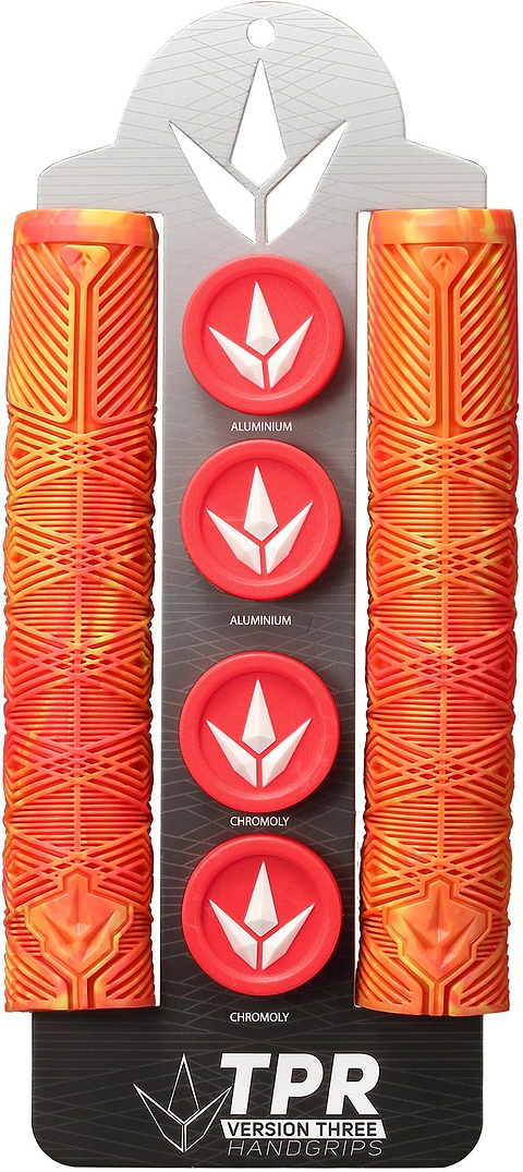 Two orange and red Blunt Envy V3 Stunt Scooter Grips (160mm) are displayed with four red end caps labeled “Aluminum” and “Chromoly.” The packaging reads "TPR Version Three Handgrips – Blunt Envy V3.