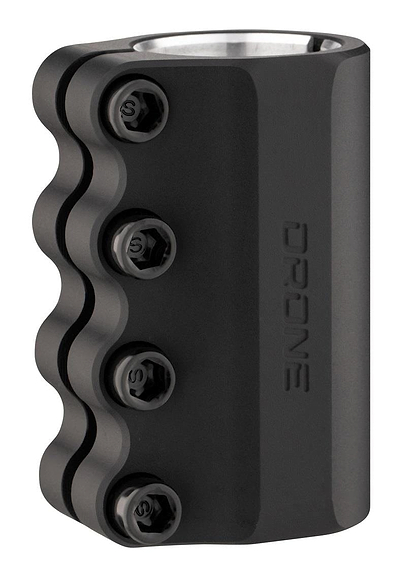 The Drone Contrast 3 4 Bolt Oversized SCS Stunt Scooter Clamp by Drone is made from high-performance 7075 aluminium, featuring a black design with a smooth wavy edge on one side, four hex bolts on the front, and "DRONE" engraved vertically to highlight its robust engineering.