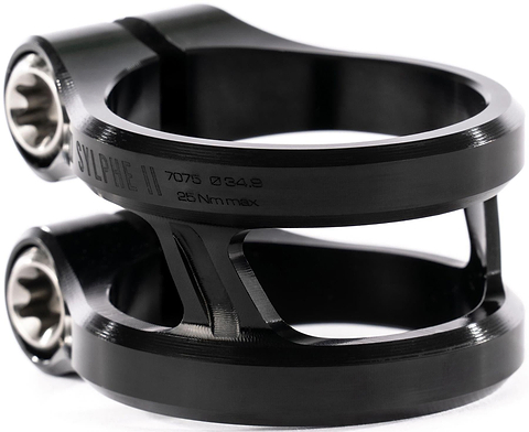 Close-up of the Ethic DTC Sylphe V2 2 Bolt Oversized Stunt Scooter Clamp by Ethic in black, crafted from 7075 aluminum with engraved "SYLPHE II 7075 Ø34.9 25 Nm max." text and a sleek, modern design for lightweight performance.