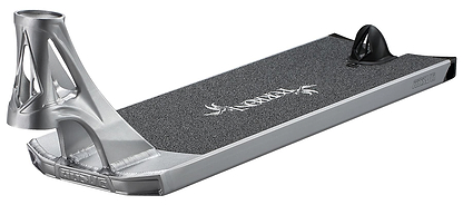 A silver Blunt Envy AOS V6 Jonathan Perroni Signature Stunt Scooter Deck (6.5" x 23") with black grip, white branding, and open headtube design, inspired by the style of top stunt decks.